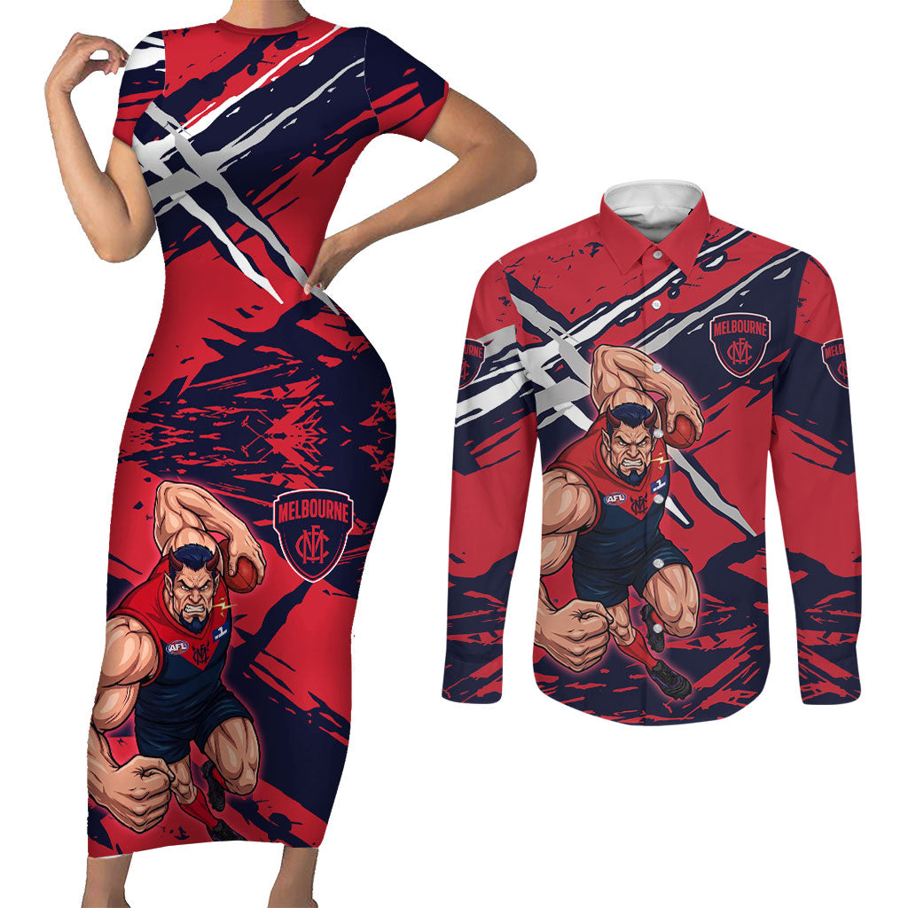 Melbourne Football Club Couples Matching Short Sleeve Bodycon Dress and Long Sleeve Button Shirt Demons Muscular Mascot Graphic - Abstract Paint Splatter Art
