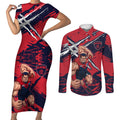 Melbourne Football Club Couples Matching Short Sleeve Bodycon Dress and Long Sleeve Button Shirt Demons Muscular Mascot Graphic - Abstract Paint Splatter Art