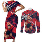 Melbourne Football Club Couples Matching Short Sleeve Bodycon Dress and Long Sleeve Button Shirt Demons Muscular Mascot Graphic - Abstract Paint Splatter Art