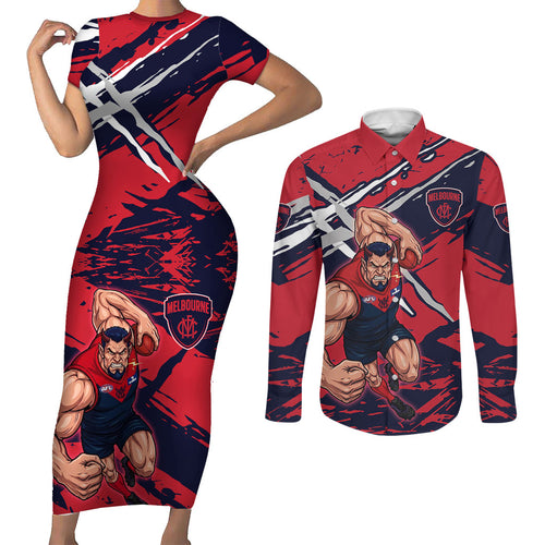 Melbourne Football Club Couples Matching Short Sleeve Bodycon Dress and Long Sleeve Button Shirt Demons Muscular Mascot Graphic - Abstract Paint Splatter Art