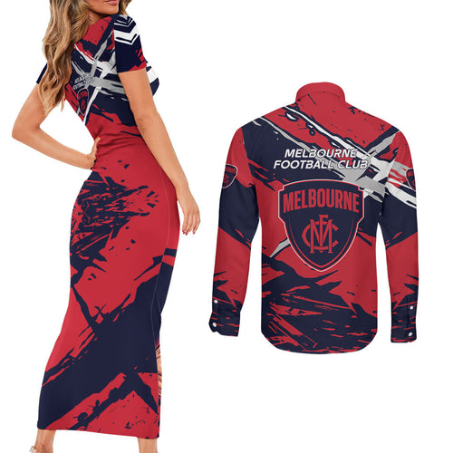 Melbourne Football Club Couples Matching Short Sleeve Bodycon Dress and Long Sleeve Button Shirt Demons Muscular Mascot Graphic - Abstract Paint Splatter Art