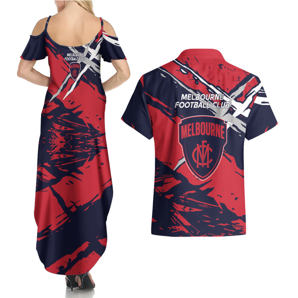 Melbourne Football Club Couples Matching Summer Maxi Dress and Hawaiian Shirt Demons Muscular Mascot Graphic - Abstract Paint Splatter Art
