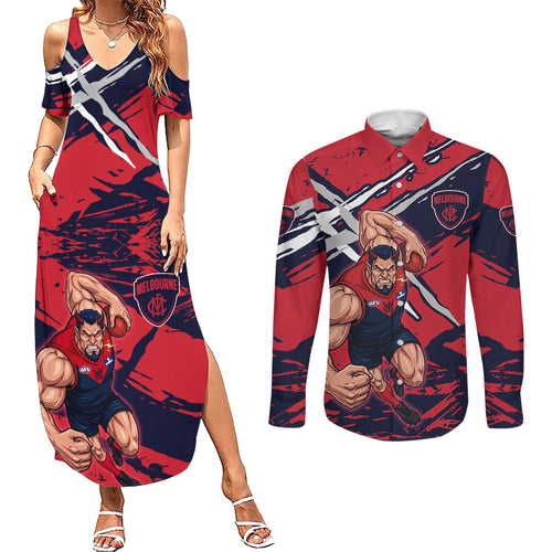 Melbourne Football Club Couples Matching Summer Maxi Dress and Long Sleeve Button Shirt Demons Muscular Mascot Graphic - Abstract Paint Splatter Art