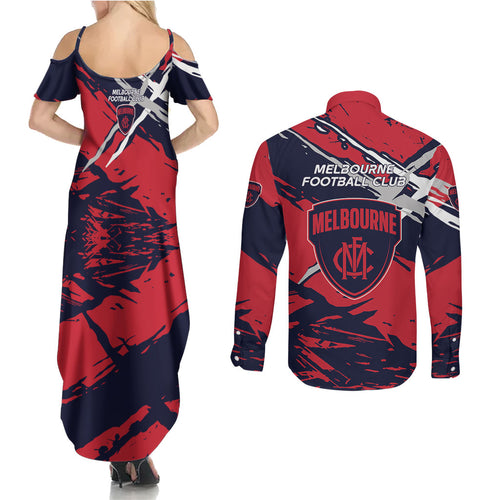 Melbourne Football Club Couples Matching Summer Maxi Dress and Long Sleeve Button Shirt Demons Muscular Mascot Graphic - Abstract Paint Splatter Art