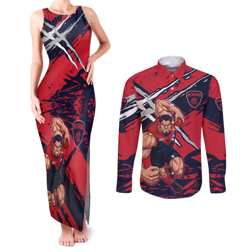 Melbourne Football Club Couples Matching Tank Maxi Dress and Long Sleeve Button Shirt Demons Muscular Mascot Graphic - Abstract Paint Splatter Art