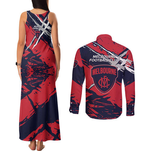 Melbourne Football Club Couples Matching Tank Maxi Dress and Long Sleeve Button Shirt Demons Muscular Mascot Graphic - Abstract Paint Splatter Art