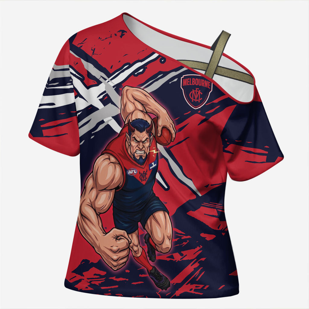 Melbourne Football Club Cross Shoulder Shirt Demons Muscular Mascot Graphic - Abstract Paint Splatter Art