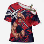 Melbourne Football Club Cross Shoulder Shirt Demons Muscular Mascot Graphic - Abstract Paint Splatter Art