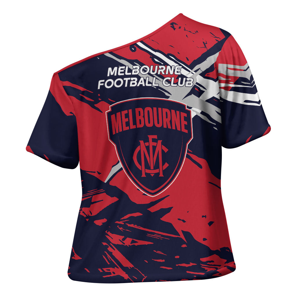 Melbourne Football Club Cross Shoulder Shirt Demons Muscular Mascot Graphic - Abstract Paint Splatter Art