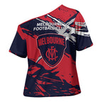 Melbourne Football Club Cross Shoulder Shirt Demons Muscular Mascot Graphic - Abstract Paint Splatter Art