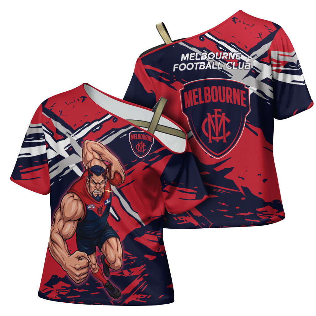 Melbourne Football Club Cross Shoulder Shirt Demons Muscular Mascot Graphic - Abstract Paint Splatter Art