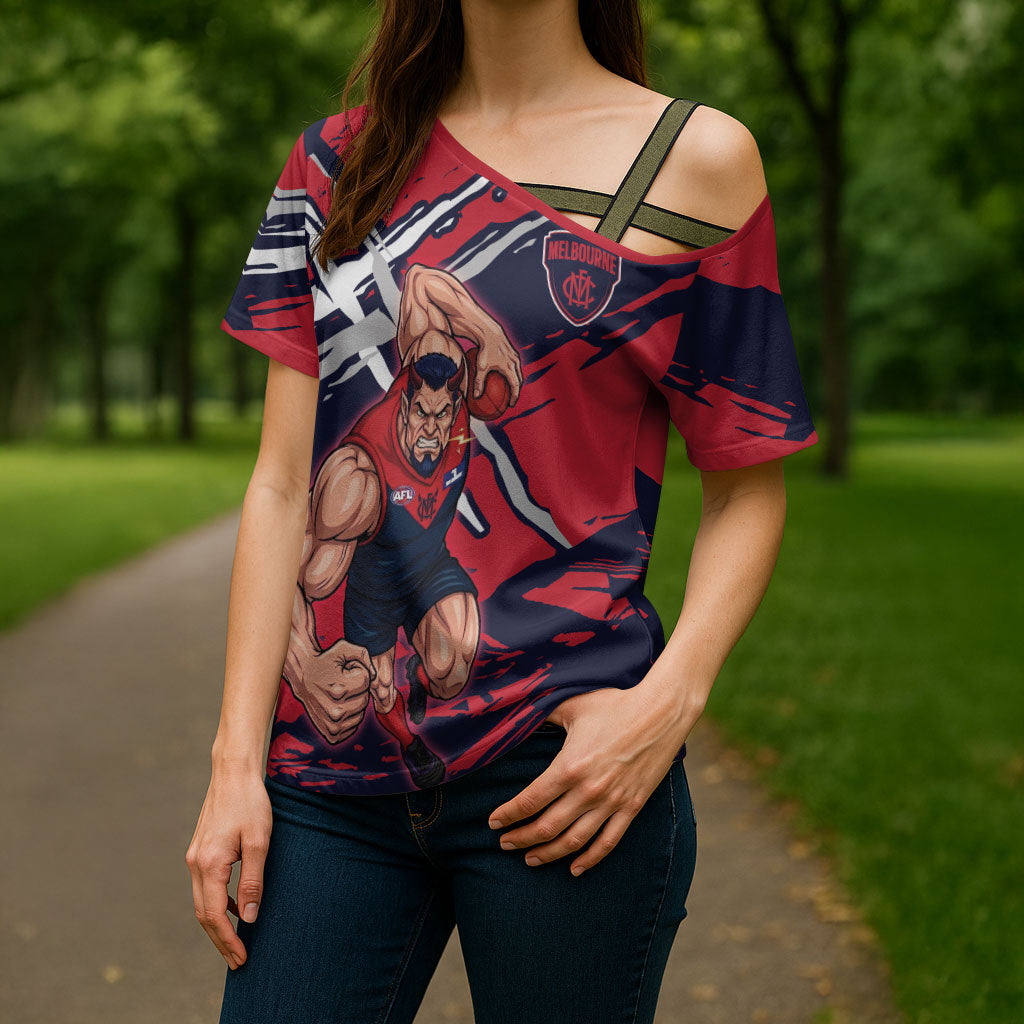 Melbourne Football Club Cross Shoulder Shirt Demons Muscular Mascot Graphic - Abstract Paint Splatter Art