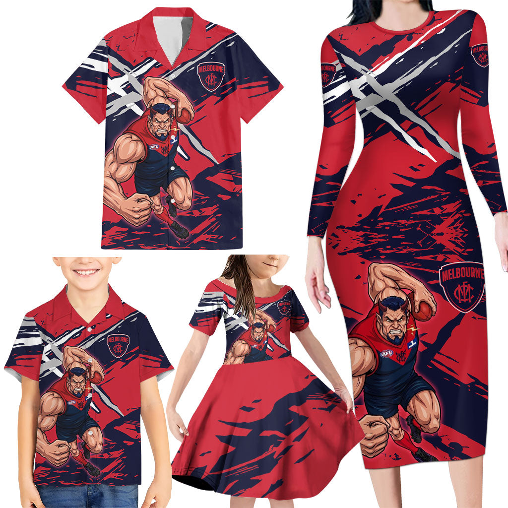 Melbourne Football Club Family Matching Long Sleeve Bodycon Dress and Hawaiian Shirt Demons Muscular Mascot Graphic - Abstract Paint Splatter Art