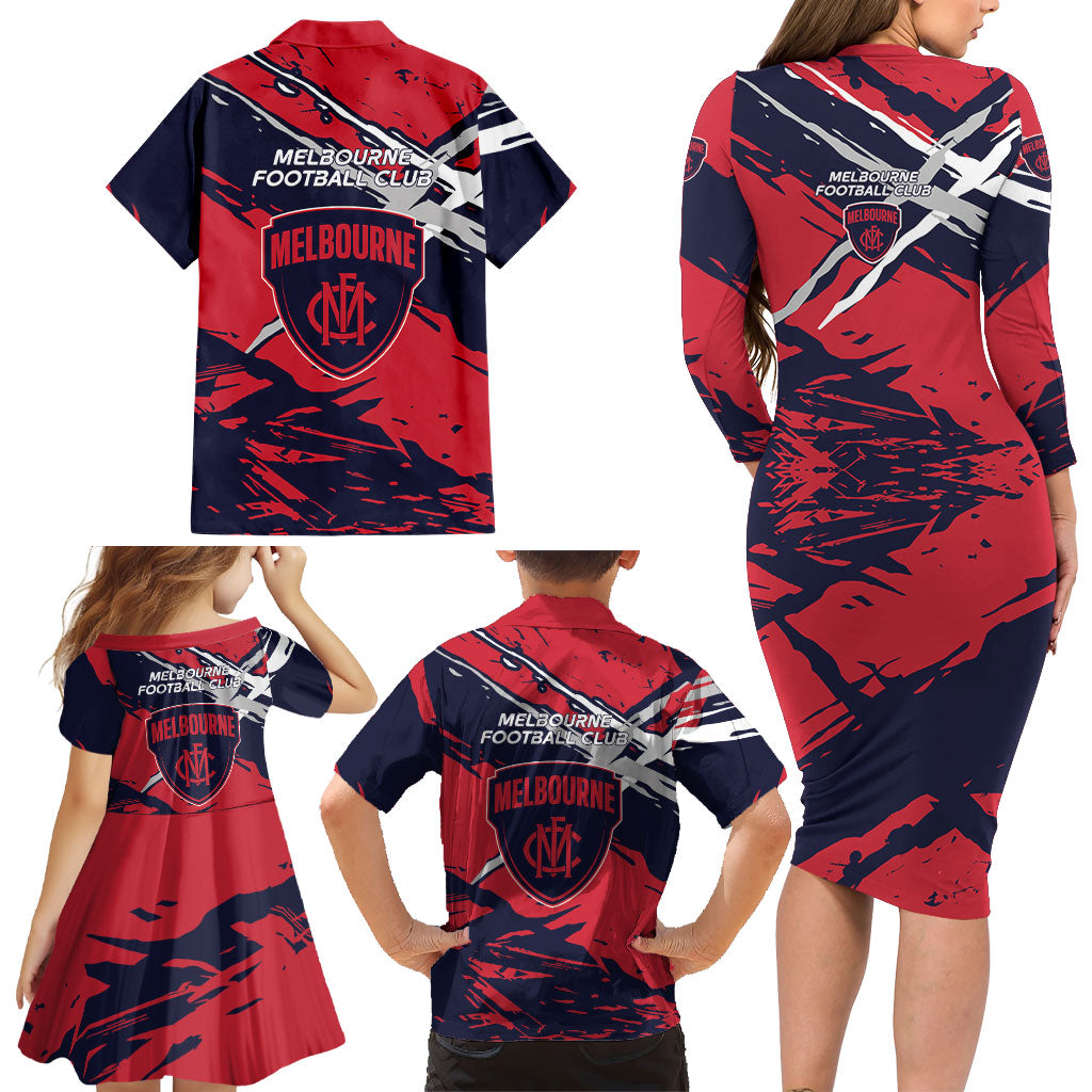 Melbourne Football Club Family Matching Long Sleeve Bodycon Dress and Hawaiian Shirt Demons Muscular Mascot Graphic - Abstract Paint Splatter Art