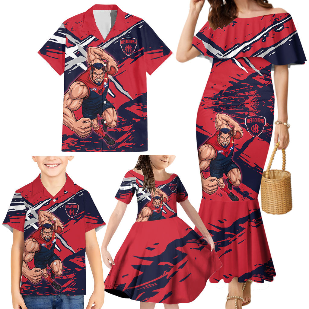 Melbourne Football Club Family Matching Mermaid Dress and Hawaiian Shirt Demons Muscular Mascot Graphic - Abstract Paint Splatter Art