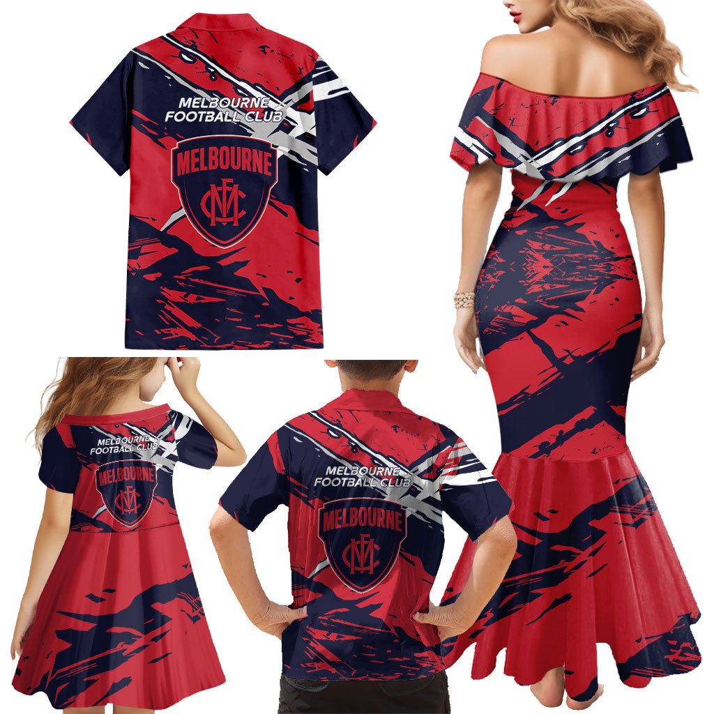 Melbourne Football Club Family Matching Mermaid Dress and Hawaiian Shirt Demons Muscular Mascot Graphic - Abstract Paint Splatter Art