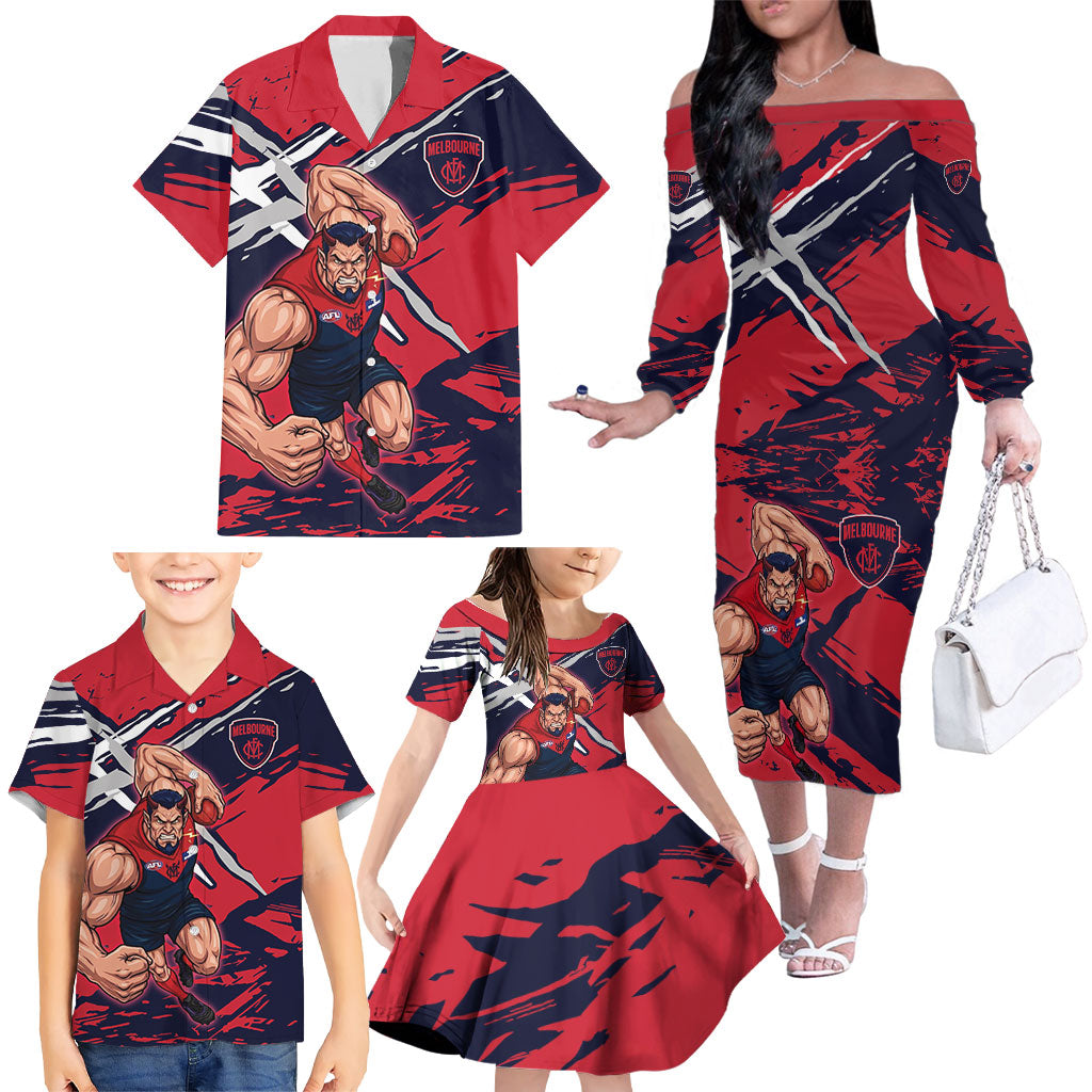 Melbourne Football Club Family Matching Off The Shoulder Long Sleeve Dress and Hawaiian Shirt Demons Muscular Mascot Graphic - Abstract Paint Splatter Art