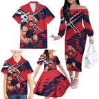 Melbourne Football Club Family Matching Off The Shoulder Long Sleeve Dress and Hawaiian Shirt Demons Muscular Mascot Graphic - Abstract Paint Splatter Art