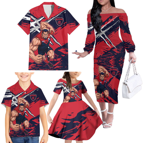 Melbourne Football Club Family Matching Off The Shoulder Long Sleeve Dress and Hawaiian Shirt Demons Muscular Mascot Graphic - Abstract Paint Splatter Art