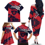 Melbourne Football Club Family Matching Off The Shoulder Long Sleeve Dress and Hawaiian Shirt Demons Muscular Mascot Graphic - Abstract Paint Splatter Art