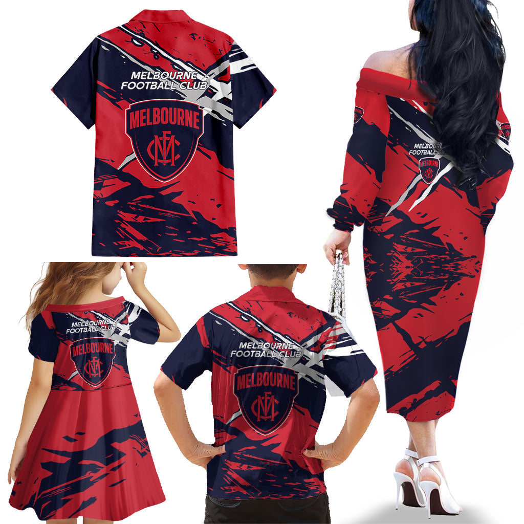 Melbourne Football Club Family Matching Off The Shoulder Long Sleeve Dress and Hawaiian Shirt Demons Muscular Mascot Graphic - Abstract Paint Splatter Art