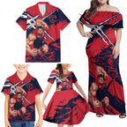 Melbourne Football Club Family Matching Off Shoulder Maxi Dress and Hawaiian Shirt Demons Muscular Mascot Graphic - Abstract Paint Splatter Art