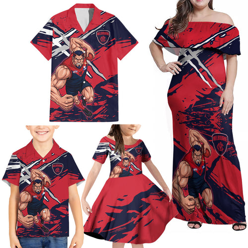 Melbourne Football Club Family Matching Off Shoulder Maxi Dress and Hawaiian Shirt Demons Muscular Mascot Graphic - Abstract Paint Splatter Art