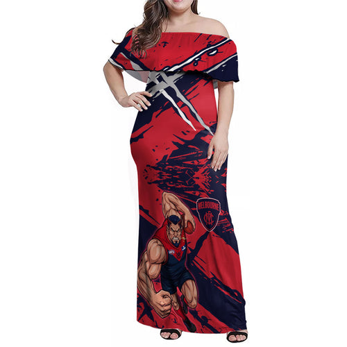 Melbourne Football Club Family Matching Off Shoulder Maxi Dress and Hawaiian Shirt Demons Muscular Mascot Graphic - Abstract Paint Splatter Art