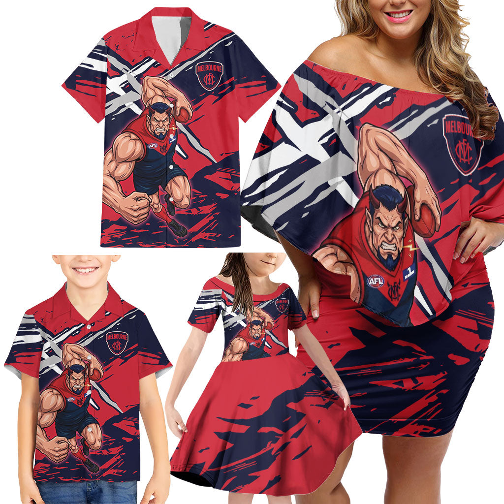 Melbourne Football Club Family Matching Off Shoulder Short Dress and Hawaiian Shirt Demons Muscular Mascot Graphic - Abstract Paint Splatter Art
