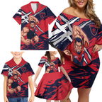 Melbourne Football Club Family Matching Off Shoulder Short Dress and Hawaiian Shirt Demons Muscular Mascot Graphic - Abstract Paint Splatter Art