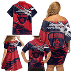 Melbourne Football Club Family Matching Off Shoulder Short Dress and Hawaiian Shirt Demons Muscular Mascot Graphic - Abstract Paint Splatter Art