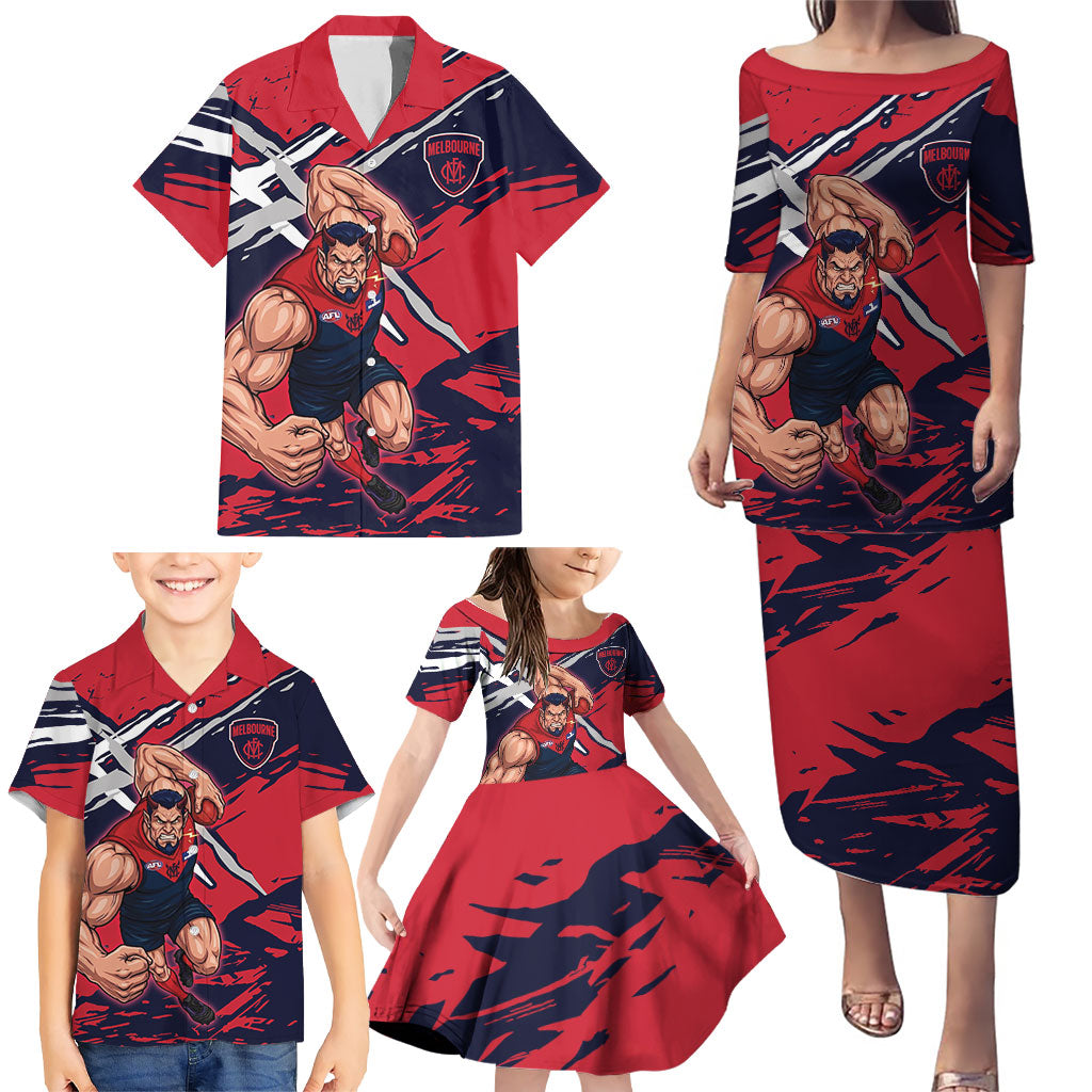 Melbourne Football Club Family Matching Puletasi and Hawaiian Shirt Demons Muscular Mascot Graphic - Abstract Paint Splatter Art