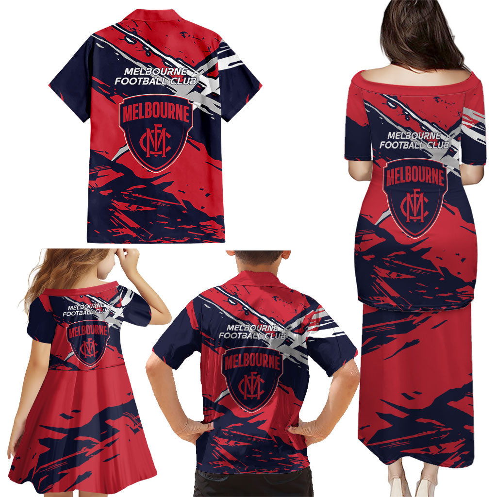 Melbourne Football Club Family Matching Puletasi and Hawaiian Shirt Demons Muscular Mascot Graphic - Abstract Paint Splatter Art