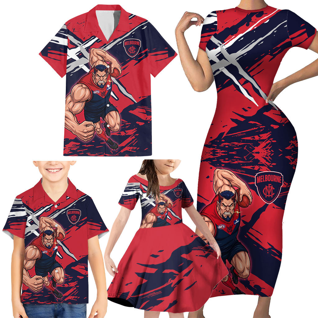 Melbourne Football Club Family Matching Short Sleeve Bodycon Dress and Hawaiian Shirt Demons Muscular Mascot Graphic - Abstract Paint Splatter Art