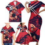 Melbourne Football Club Family Matching Short Sleeve Bodycon Dress and Hawaiian Shirt Demons Muscular Mascot Graphic - Abstract Paint Splatter Art