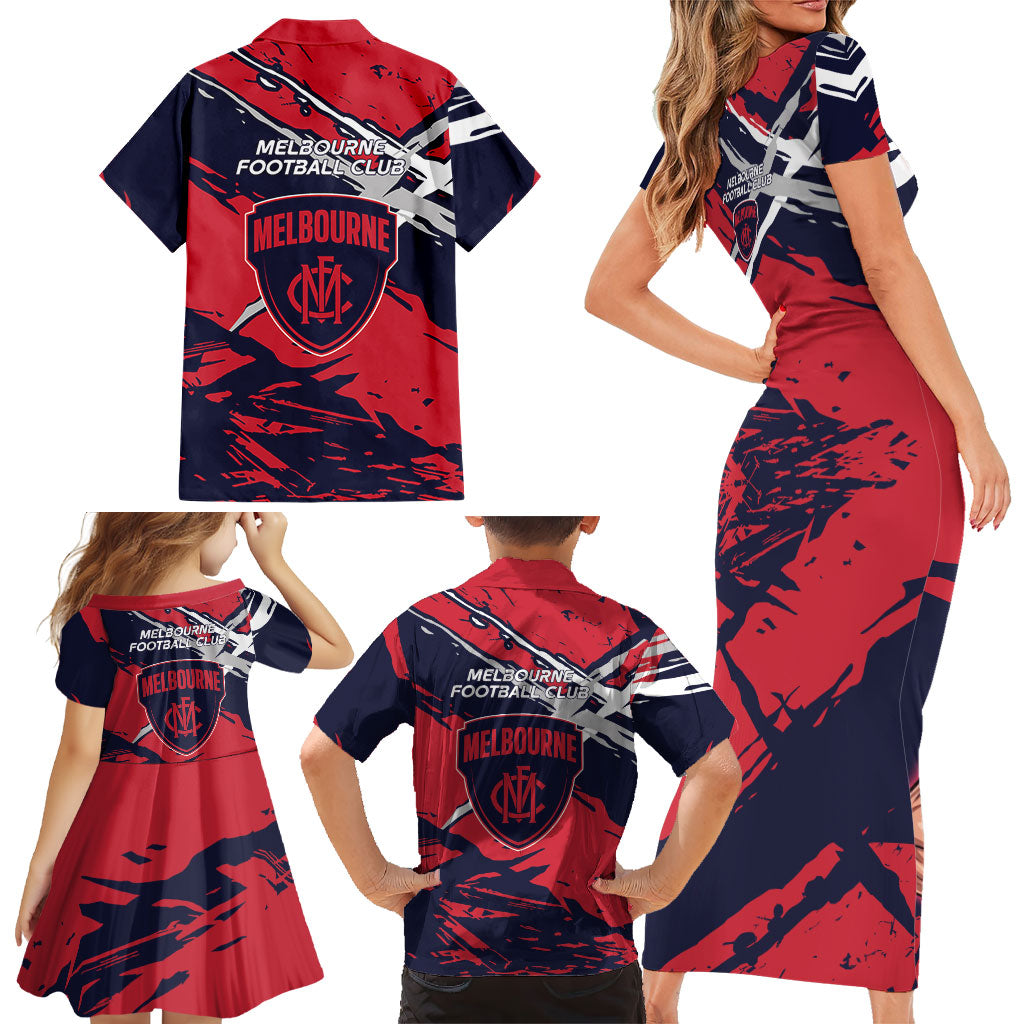 Melbourne Football Club Family Matching Short Sleeve Bodycon Dress and Hawaiian Shirt Demons Muscular Mascot Graphic - Abstract Paint Splatter Art