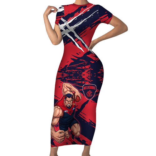 Melbourne Football Club Family Matching Short Sleeve Bodycon Dress and Hawaiian Shirt Demons Muscular Mascot Graphic - Abstract Paint Splatter Art