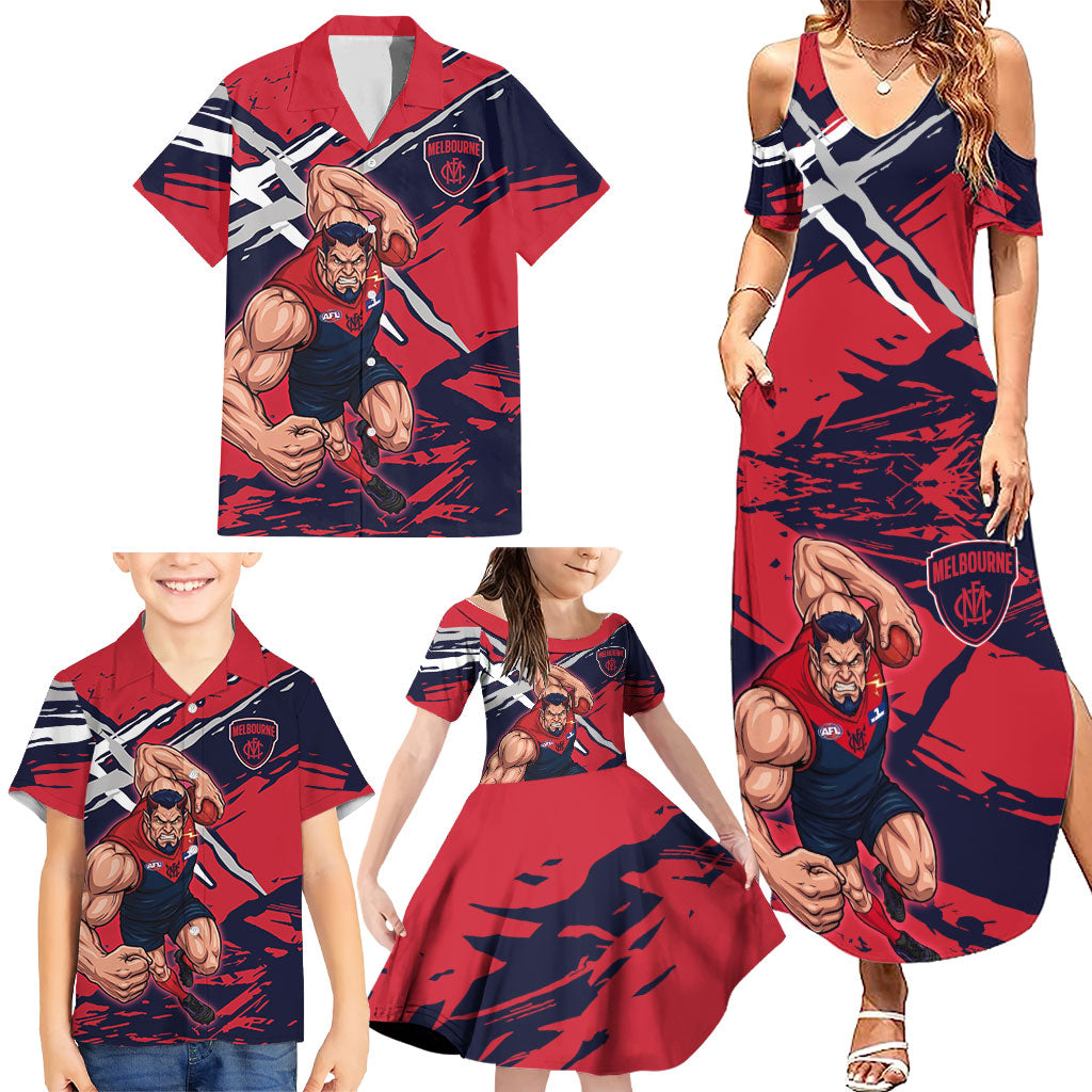 Melbourne Football Club Family Matching Summer Maxi Dress and Hawaiian Shirt Demons Muscular Mascot Graphic - Abstract Paint Splatter Art