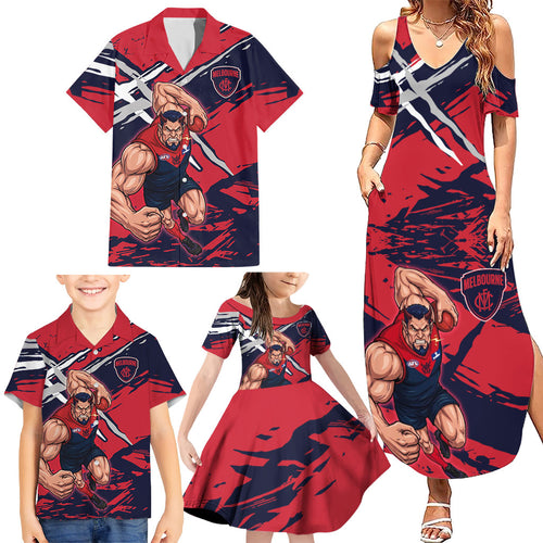 Melbourne Football Club Family Matching Summer Maxi Dress and Hawaiian Shirt Demons Muscular Mascot Graphic - Abstract Paint Splatter Art