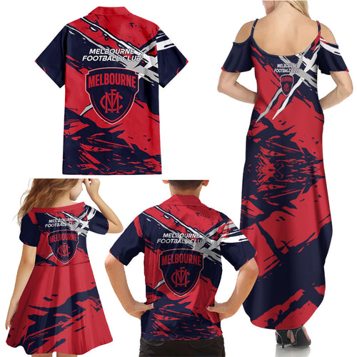 Melbourne Football Club Family Matching Summer Maxi Dress and Hawaiian Shirt Demons Muscular Mascot Graphic - Abstract Paint Splatter Art