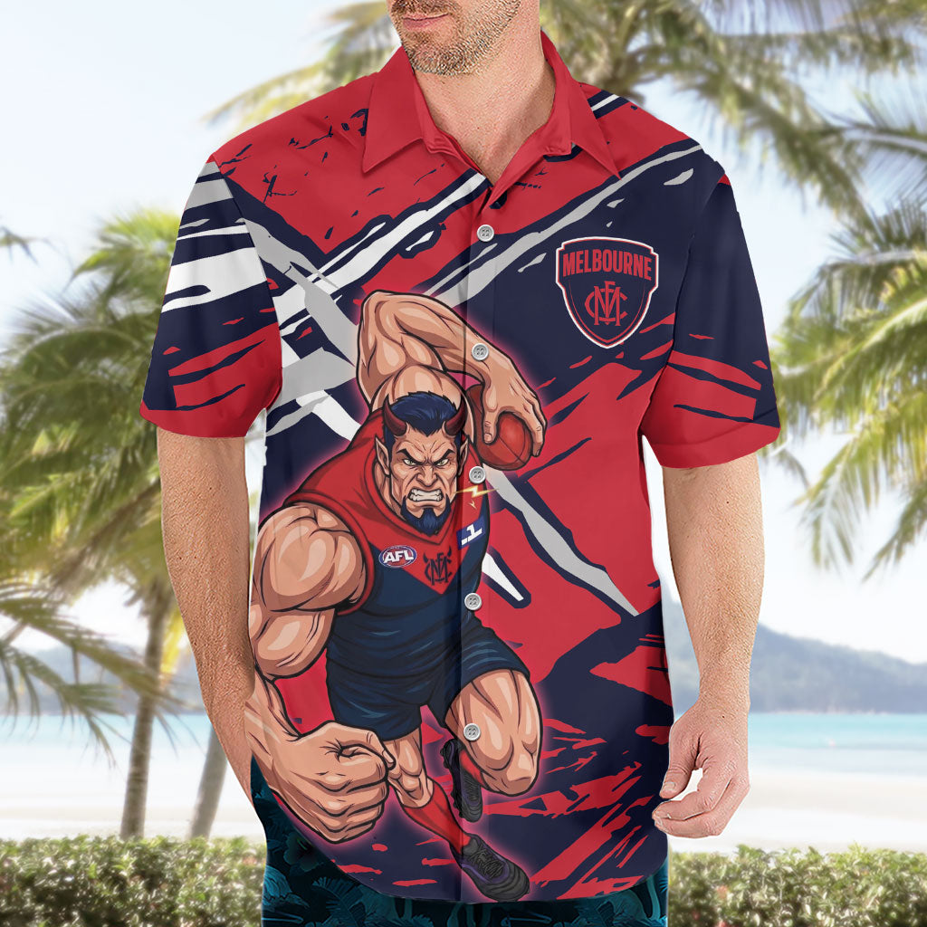 Melbourne Football Club Hawaiian Shirt Demons Muscular Mascot Graphic - Abstract Paint Splatter Art