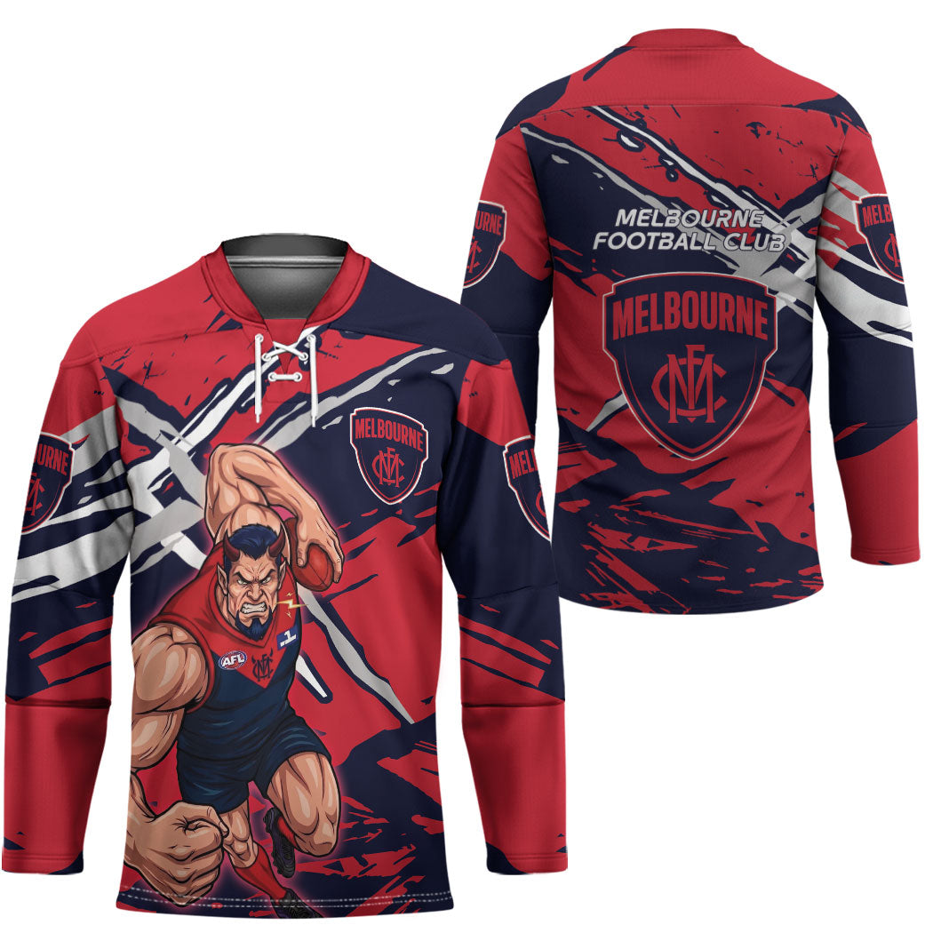 Melbourne Football Club Hockey Jersey Demons Muscular Mascot Graphic - Abstract Paint Splatter Art