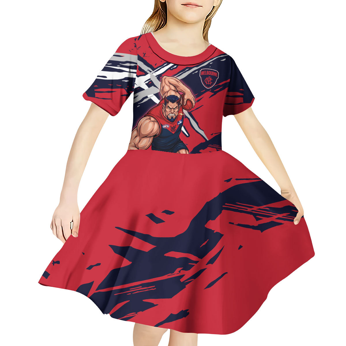 Melbourne Football Club Kid Short Sleeve Dress Demons Muscular Mascot Graphic - Abstract Paint Splatter Art