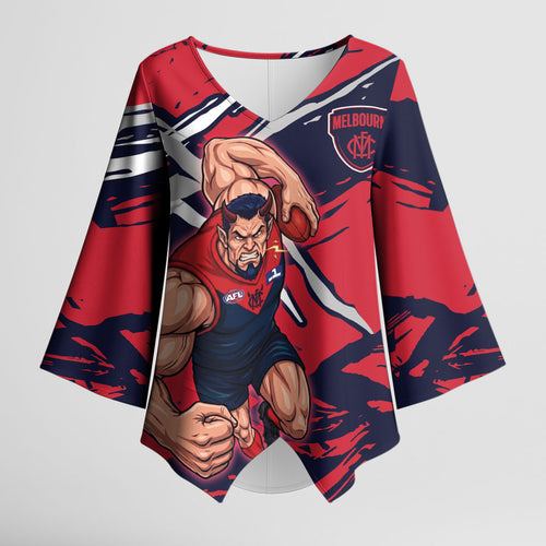 Melbourne Football Club Kimono Sleeve Blouse Demons Muscular Mascot Graphic - Abstract Paint Splatter Art