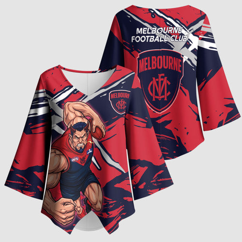 Melbourne Football Club Kimono Sleeve Blouse Demons Muscular Mascot Graphic - Abstract Paint Splatter Art