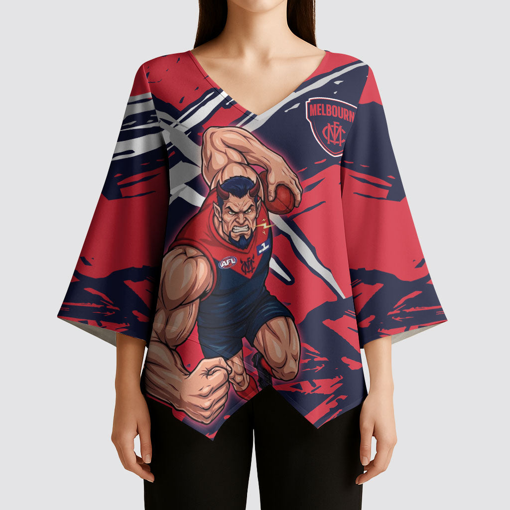 Melbourne Football Club Kimono Sleeve Blouse Demons Muscular Mascot Graphic - Abstract Paint Splatter Art