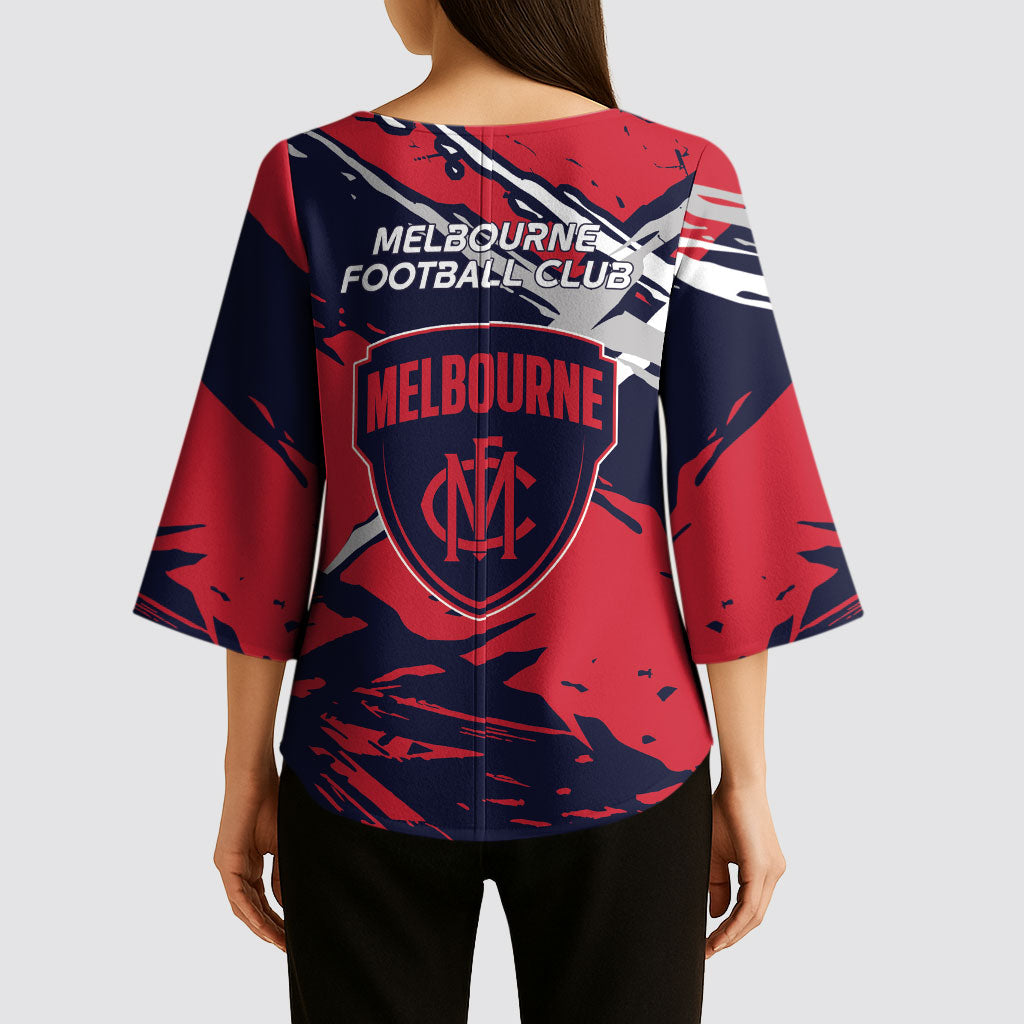 Melbourne Football Club Kimono Sleeve Blouse Demons Muscular Mascot Graphic - Abstract Paint Splatter Art