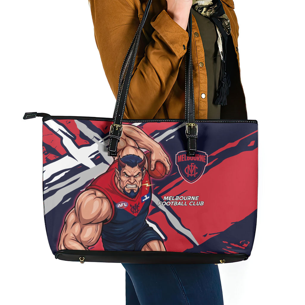Melbourne Football Club Leather Tote Bag Demons Muscular Mascot Graphic - Abstract Paint Splatter Art