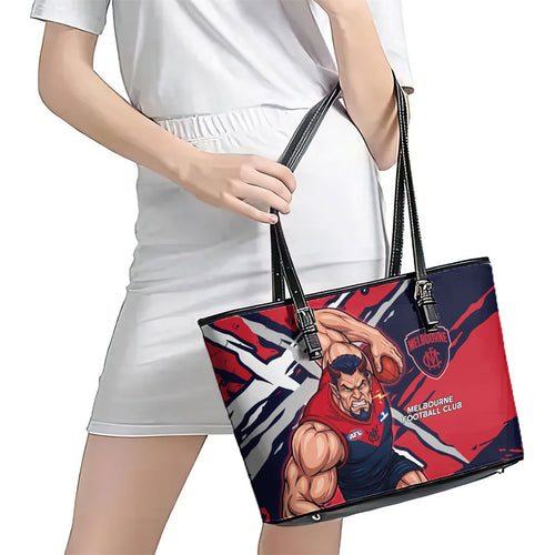 Melbourne Football Club Leather Tote Bag Demons Muscular Mascot Graphic - Abstract Paint Splatter Art