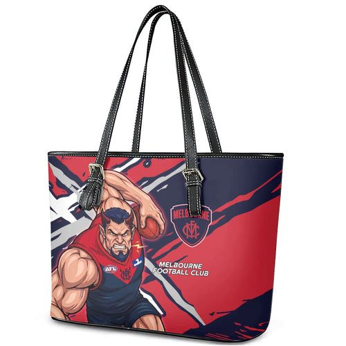 Melbourne Football Club Leather Tote Bag Demons Muscular Mascot Graphic - Abstract Paint Splatter Art
